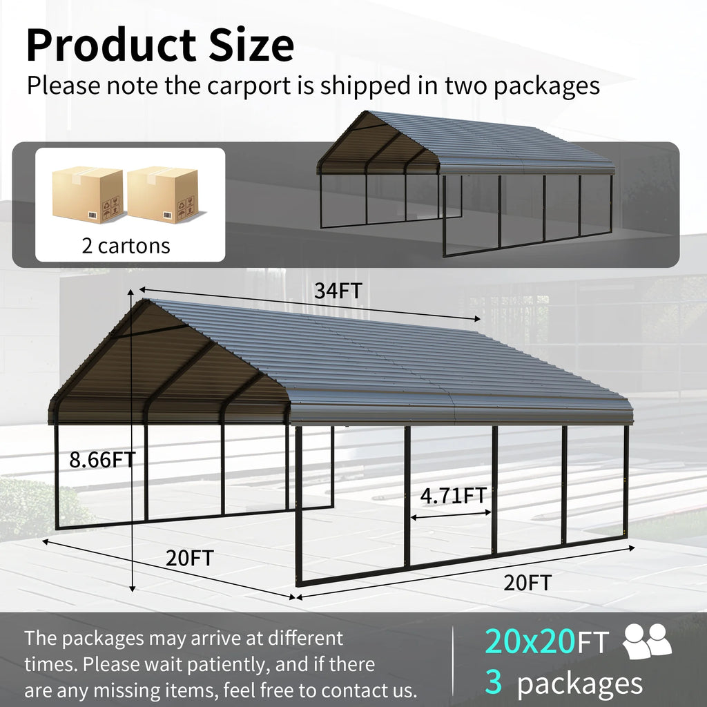10x20 ft Portable Garage Heavy-Duty Metal Carport Canopy Kit，All-Weather Shelter with Reinforced Galvanized Steel Frame，for RV, Truck, Boat & 1 Cars Storage，Multi-Use Party Tent