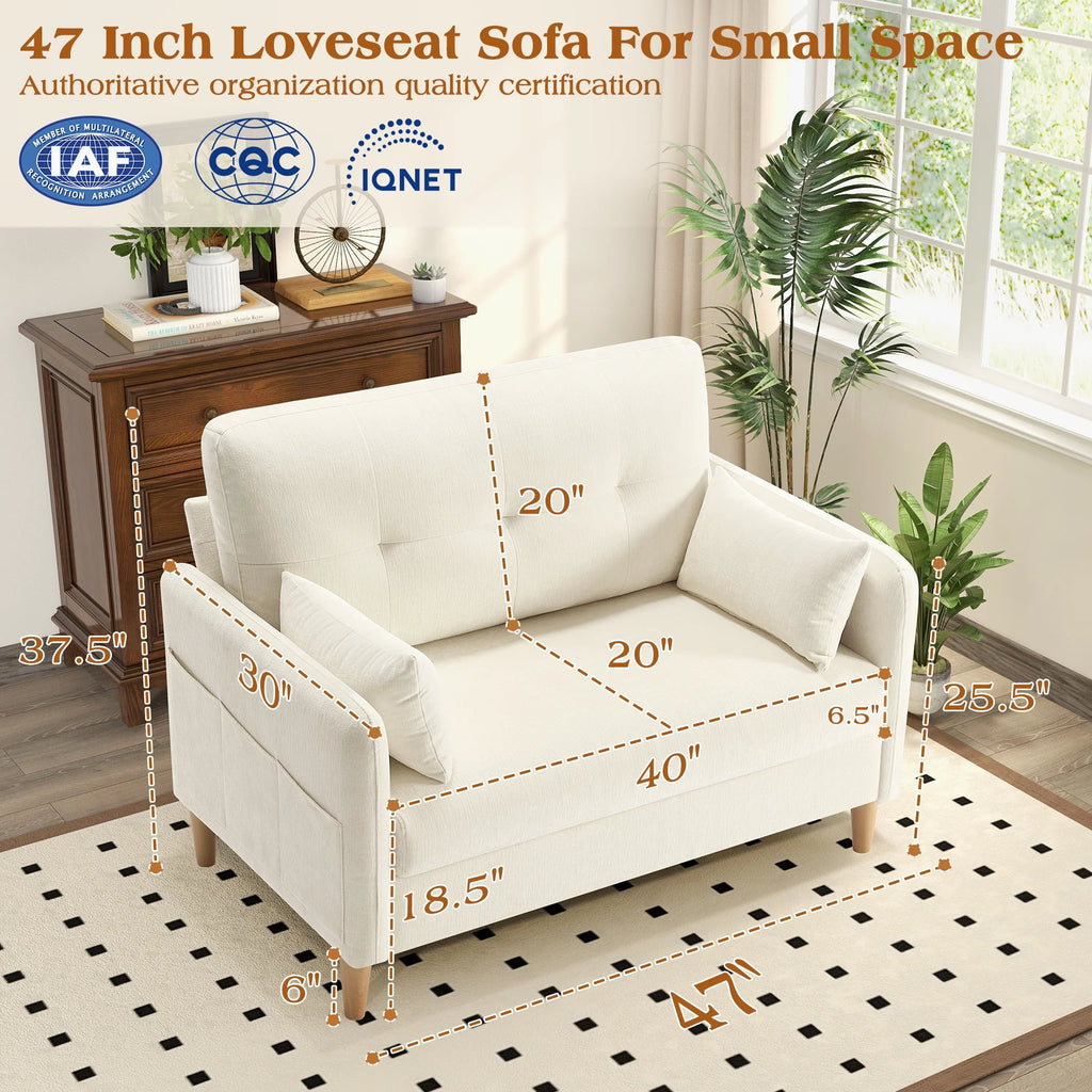 BedLuxury 47'' Wide LoveSeat, 2-seat Chenille sofa with 2 Pillows for Living Room and Small Spaces, Dark Grey