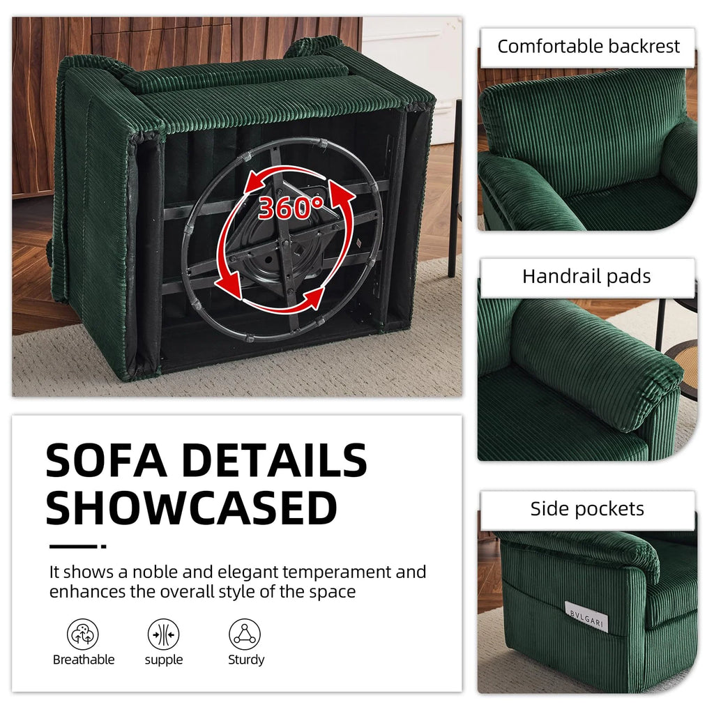 FFH 33" Oversized Swivel Accent Chair,Armchair with Side Pocket,Upholstered Corduroy Lounge Chaise Chair,Barrel Chairs,Comfy Single Sofa Chair for Living Room Reading Bedroom Office,Black
