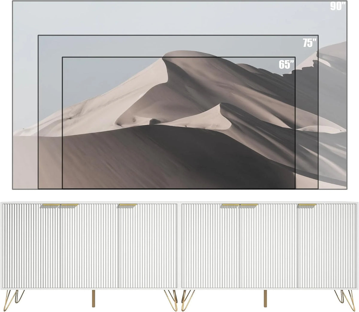 Fluted TV Stand for 100 Inch TV, Modern TV Stand Console, White Entertainment Center with Storage Cabinets, Adjustable Shelves & Gold Handles, Wood Media Cabinet for Living Room