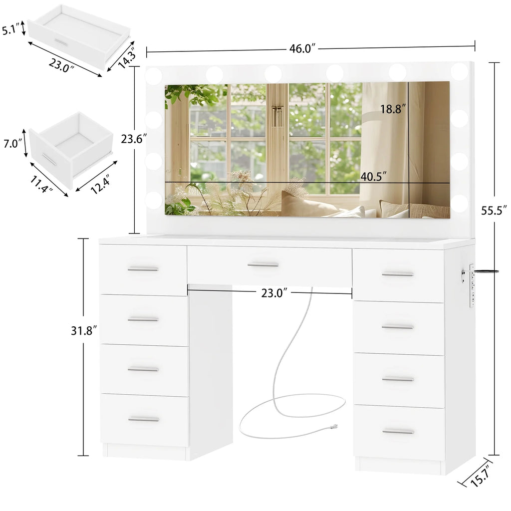 TEENFON 46" Vanity Desk with Large Lighted Mirror and Power Outlet, Makeup Vanity with 9 Drawers and Glass Desktop, Vanity Table for Bedroom, White