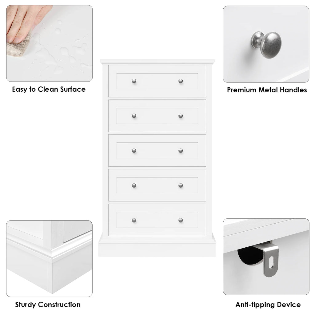 Homfa 5 Drawer Bedroom Dresser, Tall Wood Nightstand Storage Cabinet for Office Living Room,Gray