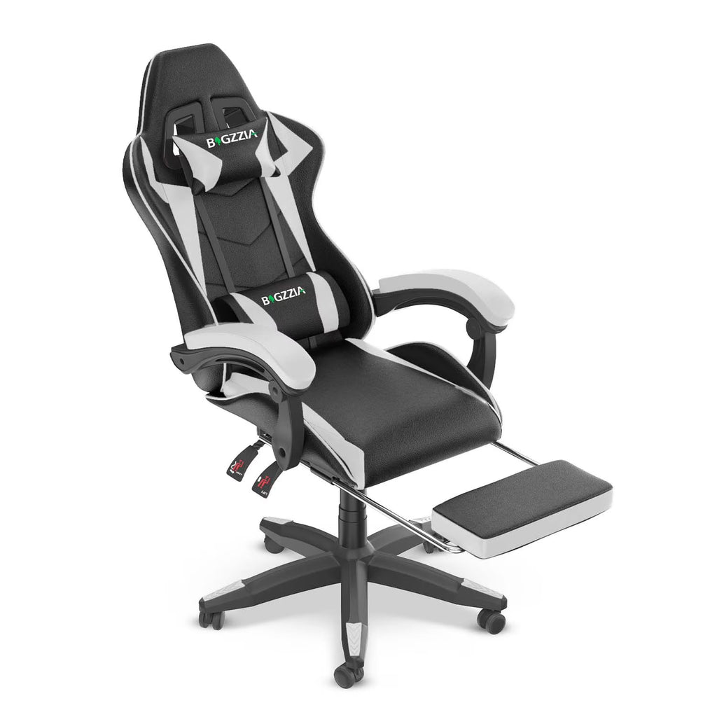 Bigzzia Gaming Chair Office Chair, Ergonomic Game Chair with Height Adjustable Headrest and Lumbar Support for Adults Teens, Black & White