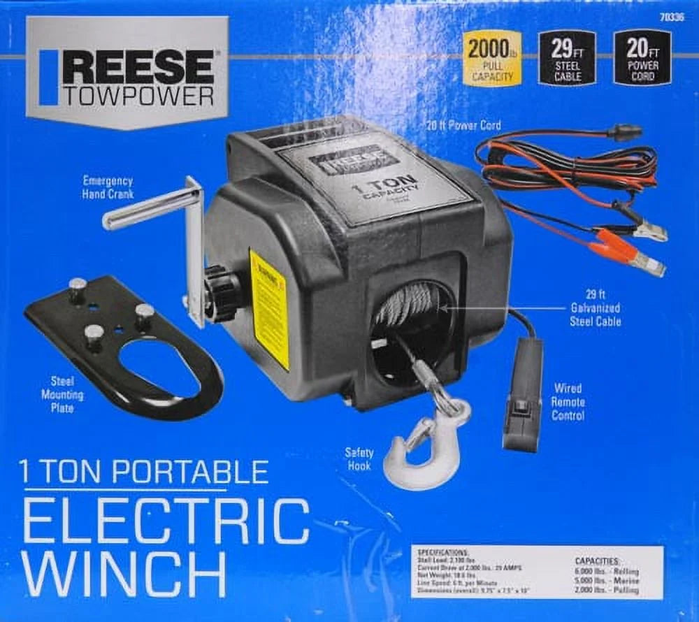 Reese Towpower Portable Electric Winch, Steel Cable, Black