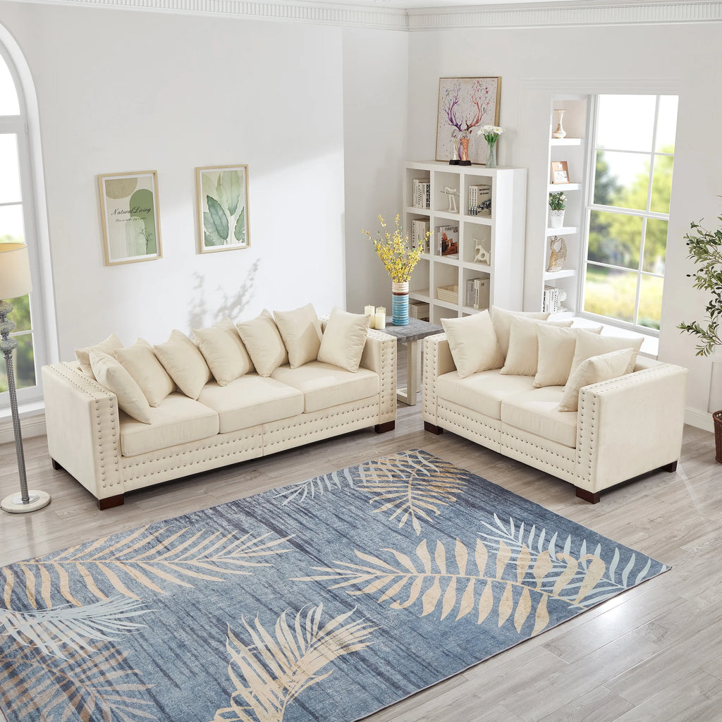 Modern Velvet Sofa Set 2+3 Seater Sofa Loveseat Couch with Silver Nail Trim, Square Armrests and Hidden Storage, Luxury Living Room Couch with Pocket Spring Cushions