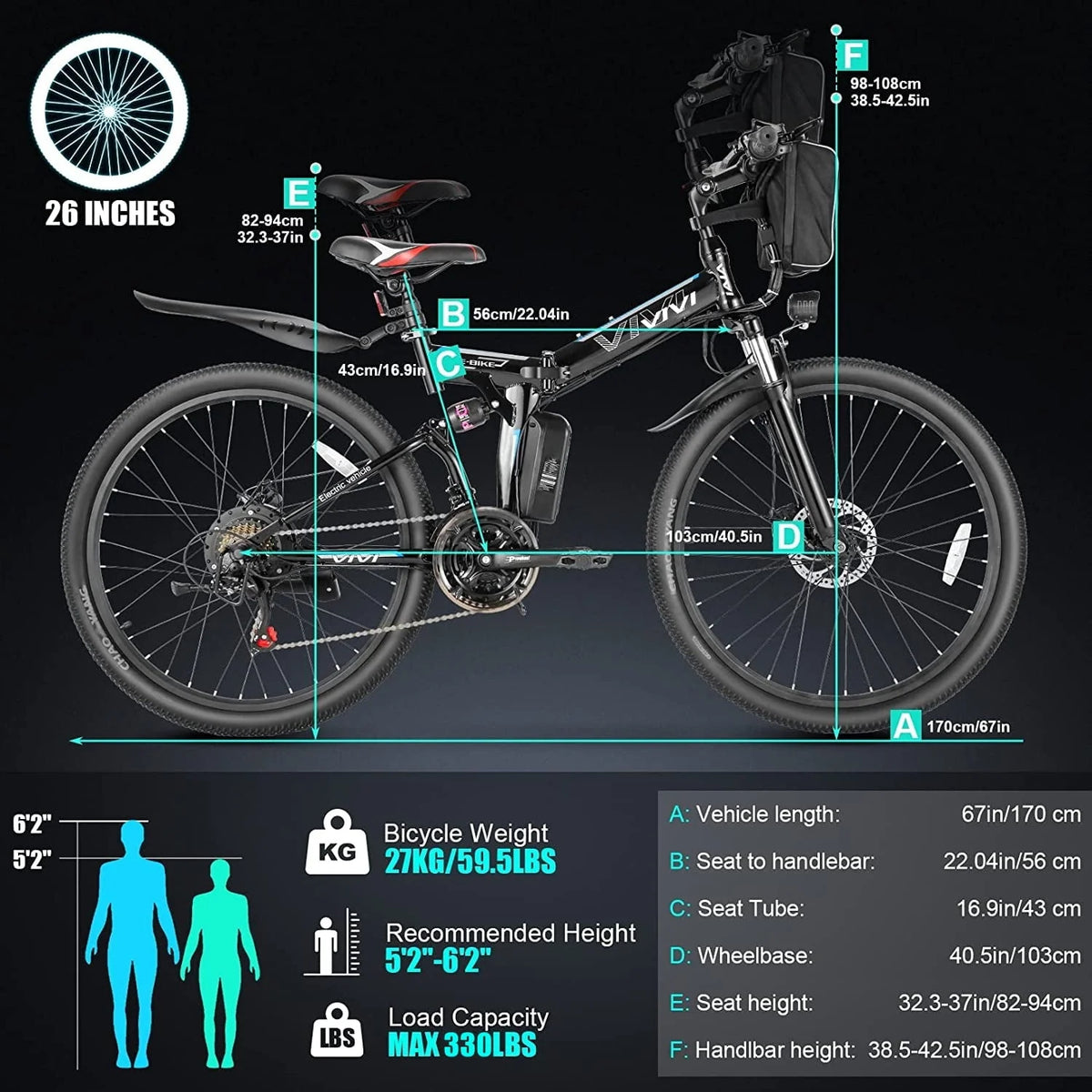 Vivi Electric Bike for Adults 26" Folding Electric Bike 500W Electric Mountain Bike 20MPH Full Suspension Electric Bike  with Cruise Control Up to 50 Miles