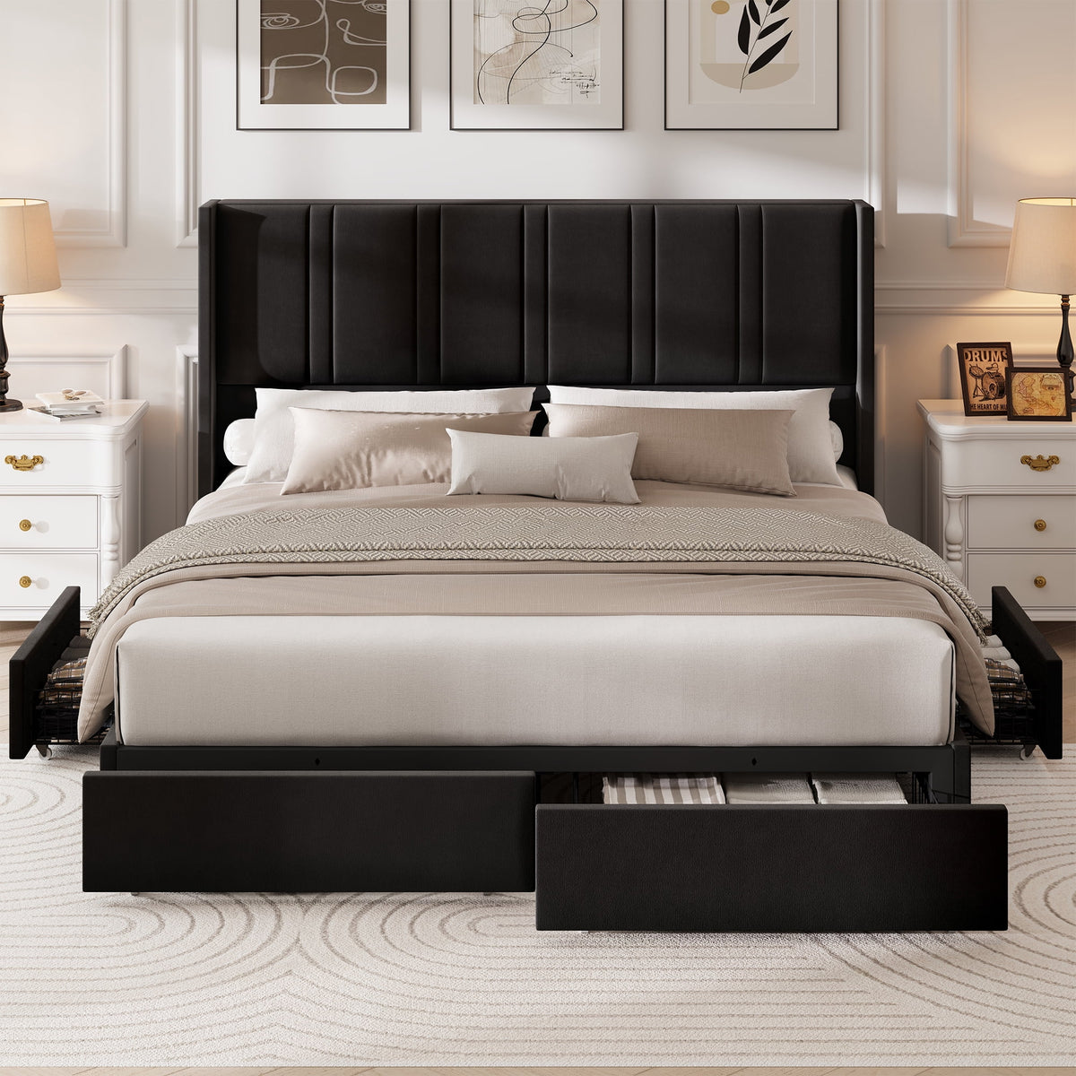 LARMACE King Size Upholstered Bed Frame with 4 Storage Drawers and Vertical Channel Tufted Headboard Linen Platform Bed Frame Wingback Beds with Wooden Slats Support, Beige