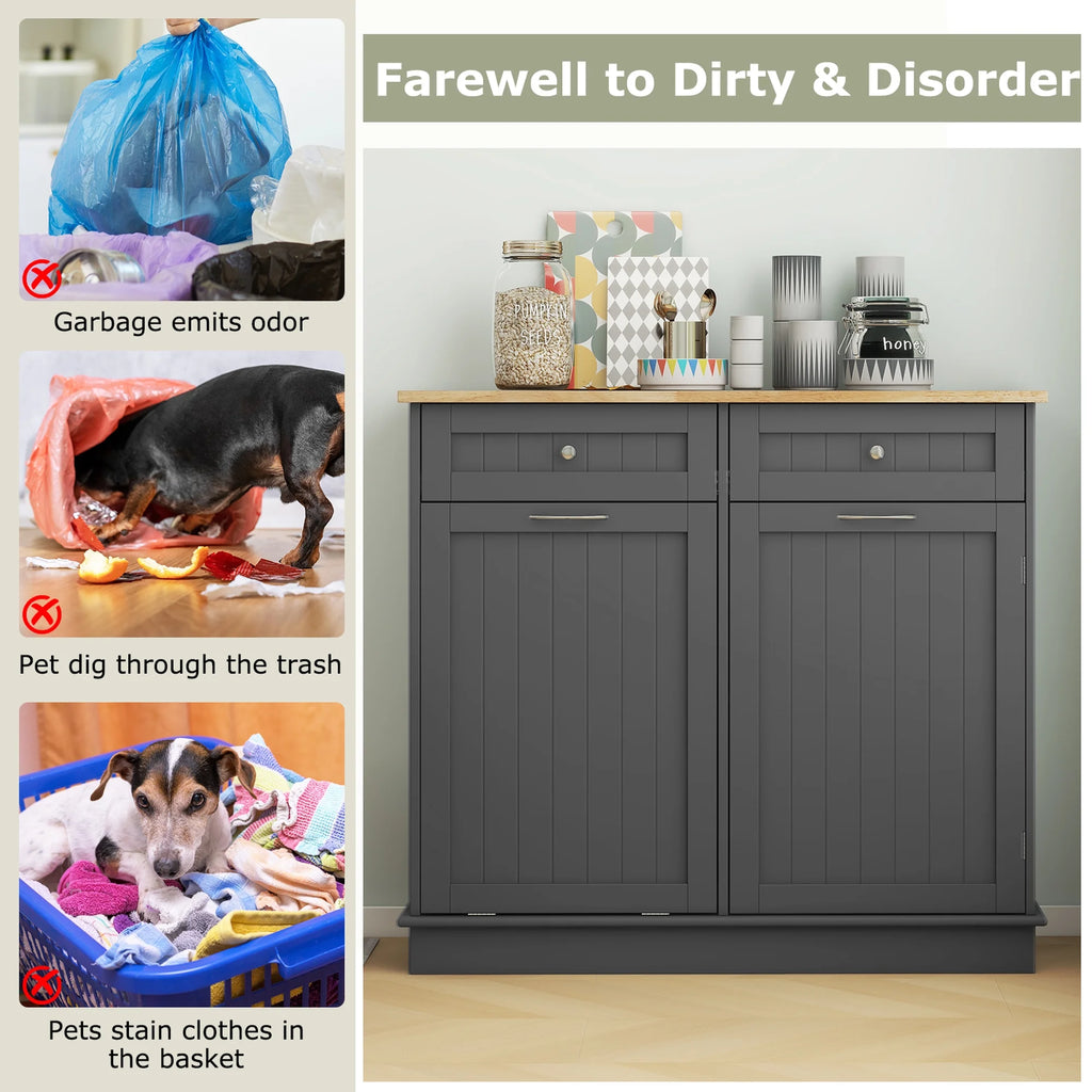 Costway 15.5 Gallon Kitchen Tilt Out Trash Cabinet Rubber Wood Tabletop 2 Drawers Shelf Gray