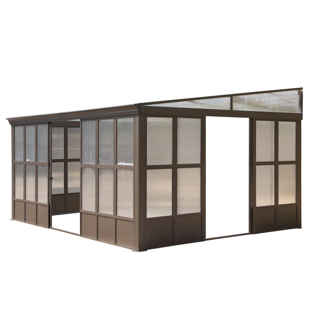 TOTAL Outdoor 10'x12' All-Season Sunroom Gazebo with Steel Roof, PVC Screen, Front & Side Door, Brown