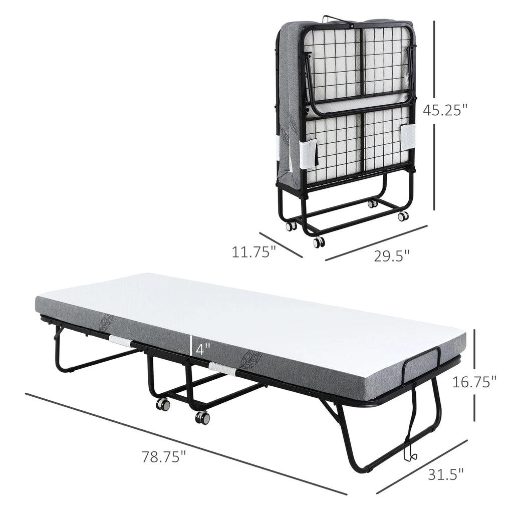 HOMCOM Folding Bed with 4" Mattress, Portable Foldable Guest Bed with Wheels