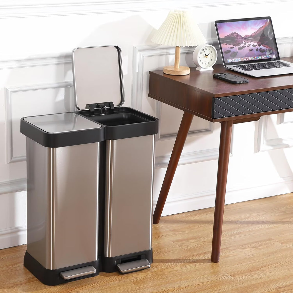 16 Gallon/ 60L Dual Kitchen Trash Can, 2x8 Gallon Stainless Steel Double Garbage Can with Inner Bucket, Two Compartment Step Recycle Bin with Soft-Close Lid for Kitchen, Office