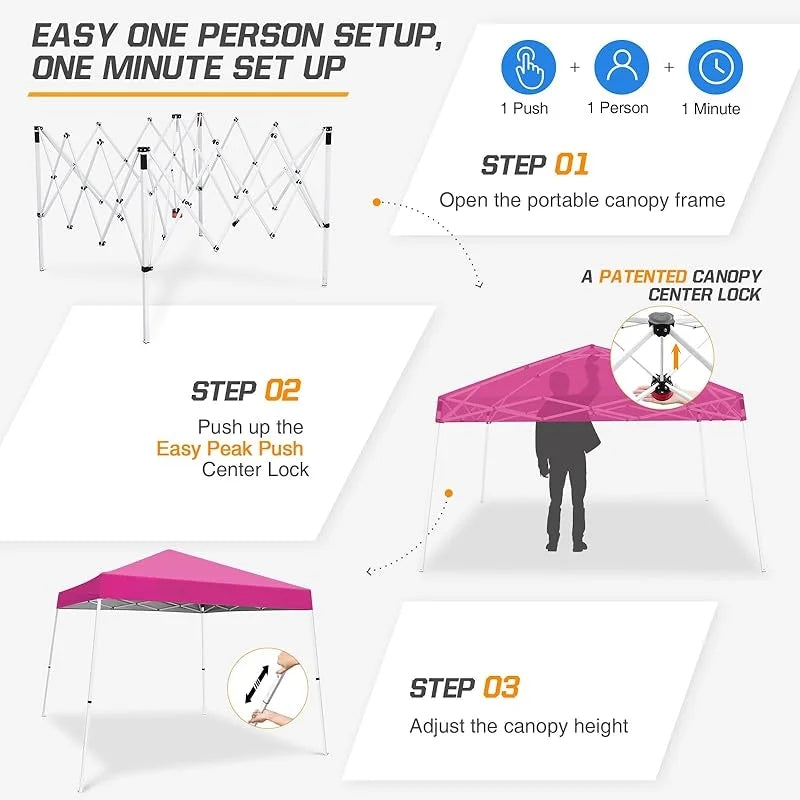 10x10 Slant Leg Pop-up Canopy Tent Easy One Person Setup Instant Outdoor Beach Canopy Folding Portable Sports Shelter 10x10 Base 8x8 Top (Pink)-xlk