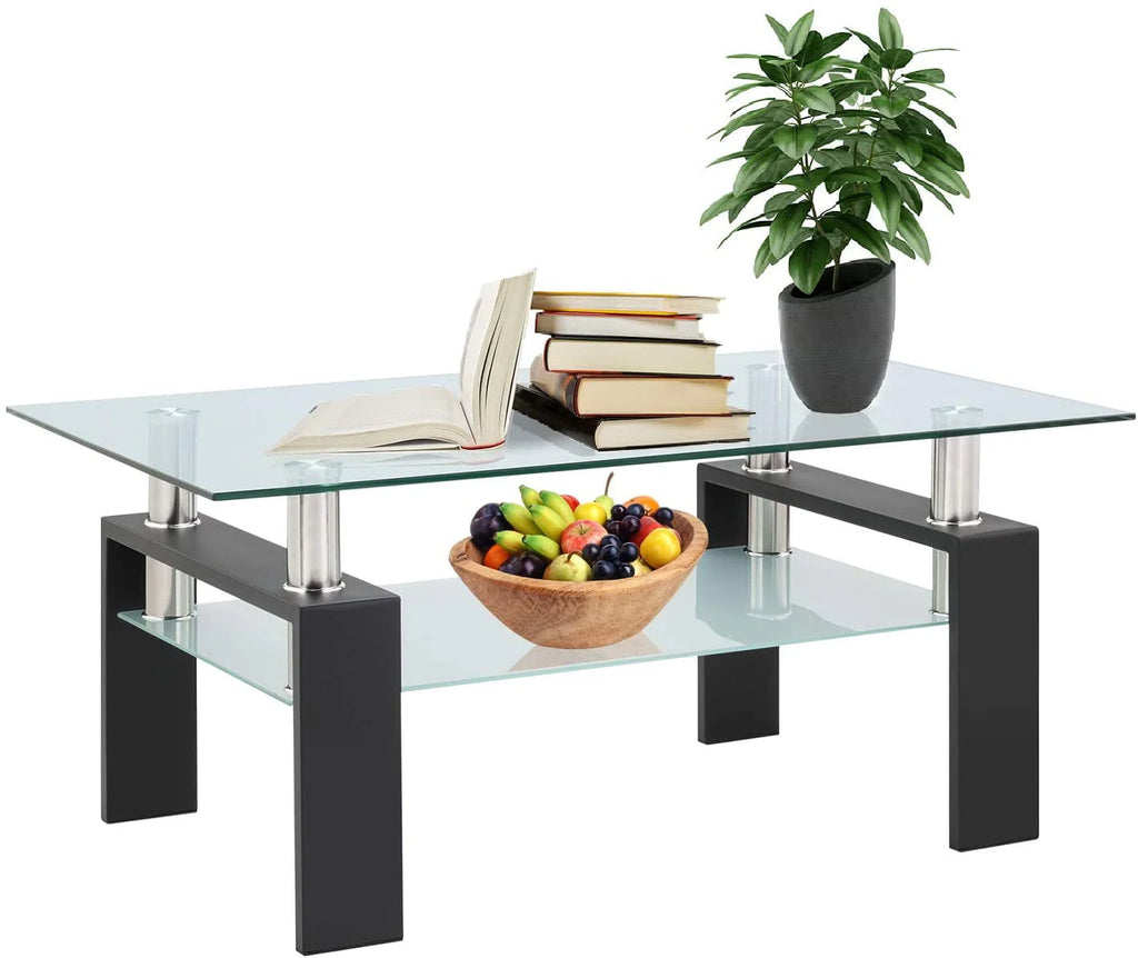 Glass Coffee Table with Lower Shelf, Clear Rectangle Glass Coffee Table, Modern Coffee Table with Metal Legs, Rectangle Center Table Sofa Table Home Furniture for Living Room, L5509
