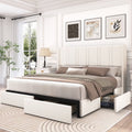 LARMACE King Size Upholstered Bed Frame with 4 Storage Drawers and Vertical Channel Tufted Headboard Linen Platform Bed Frame Wingback Beds with Wooden Slats Support, Beige