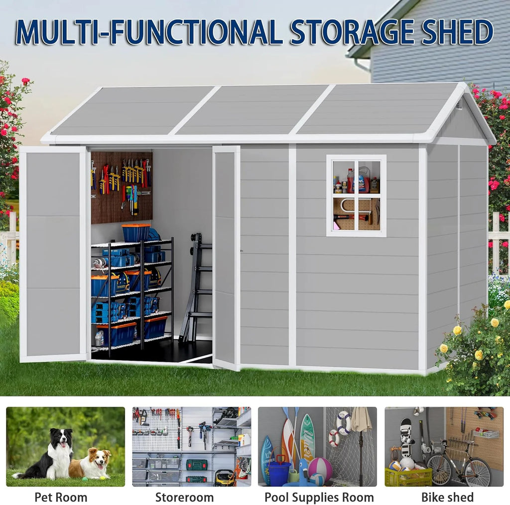9 x 5.8 FT Outdoor Storage Shed, Linor Resin Shed with Floor, Window, and Vents, Weather-Resistant Garden Shed for Garden Tool Outside Sheds, Bike Shed, Backyard Shed