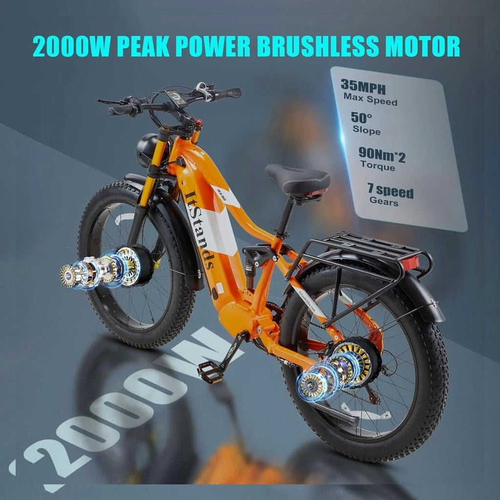 Dual Motors AWD 2000W Electric Bike for Adult 26'', UL2849 48V 30AH Removable Battery E-mountain bike 4.0 Fat Tire up to 35MPH&120Miles Long Range Off-road Ebike Beach Dual Hydraulic&Brakes E-Bicycle