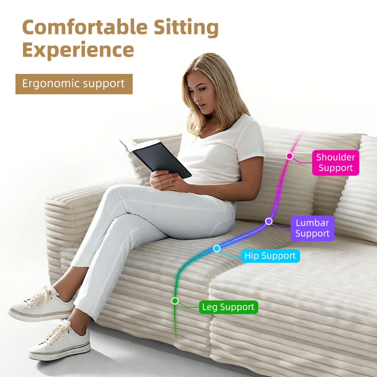 Alvantor 4-Seat Sofa 102" W Corduroy Upholstered Deep Seat Couches Convertible Chaise for Living Room, Apartment Grey