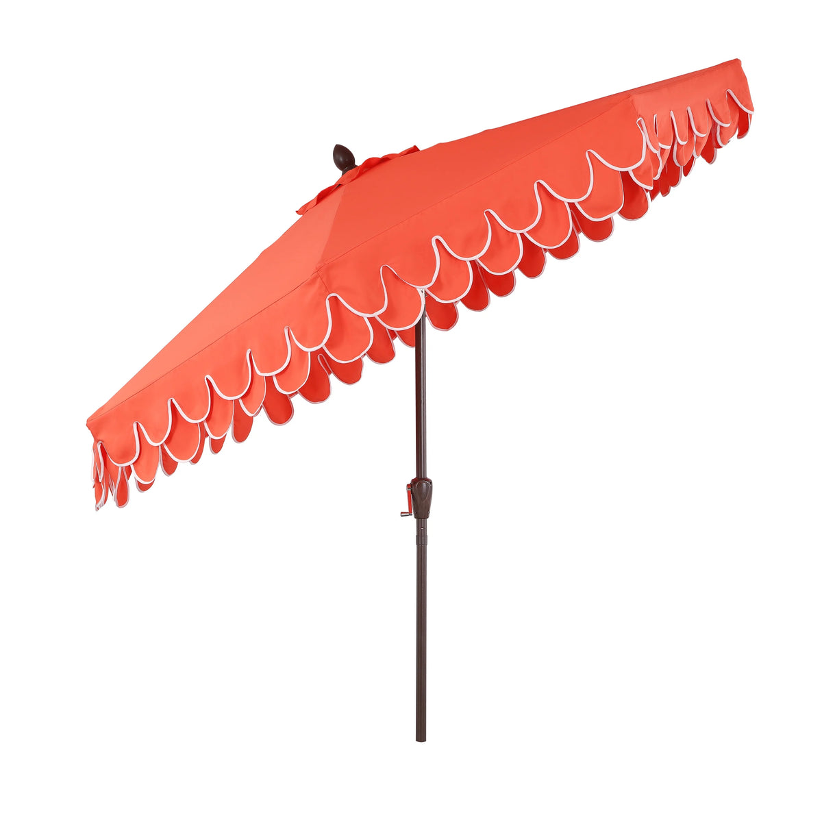 JONATHAN Y Tracy 9 ft. Market Patio Umbrella, Classic Mid-Century Scalloped Fringe, with Auto-Tilt Crank, Wind Vent and UV Protection, Coral Pink/White, Dark Brown Pole