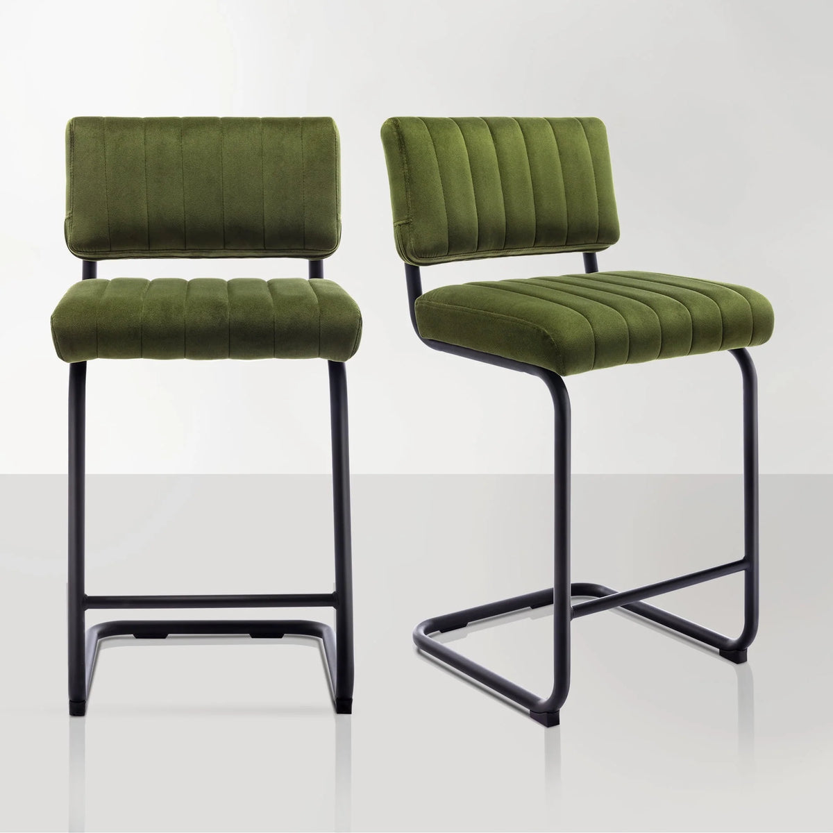 Zesthouse 24" Velvet Counter Stools Set of 2, Modern Counter Height Bar Stools with Back and Black Metal Base, Green