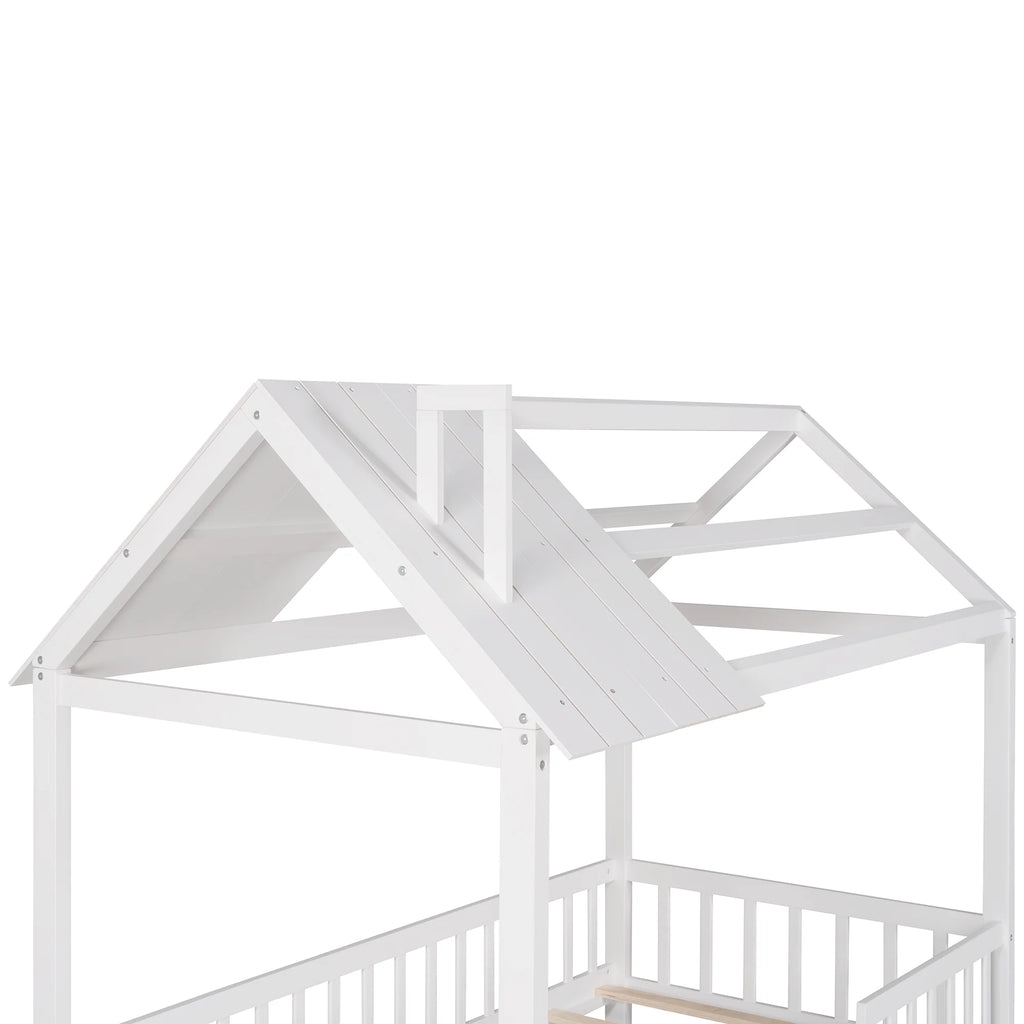 Euroco Twin Size Platform Bed, House Bed with Fence for Kids, Gray