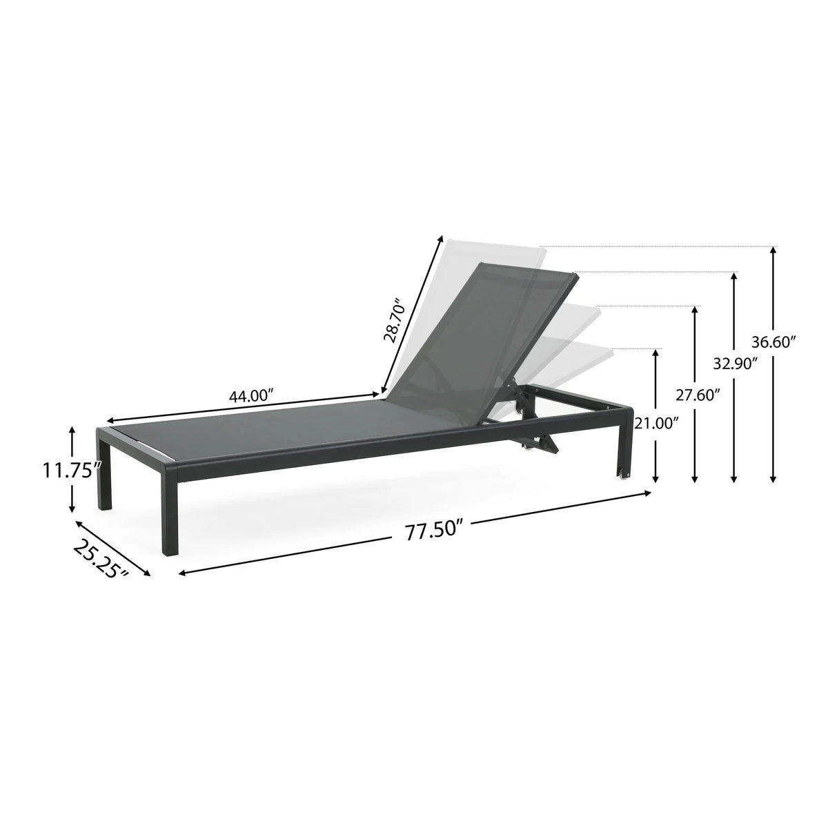 Outdoor Aluminum Mesh Chaise Lounges with Wheels and Adjustable Backrest, Black, Set of 2