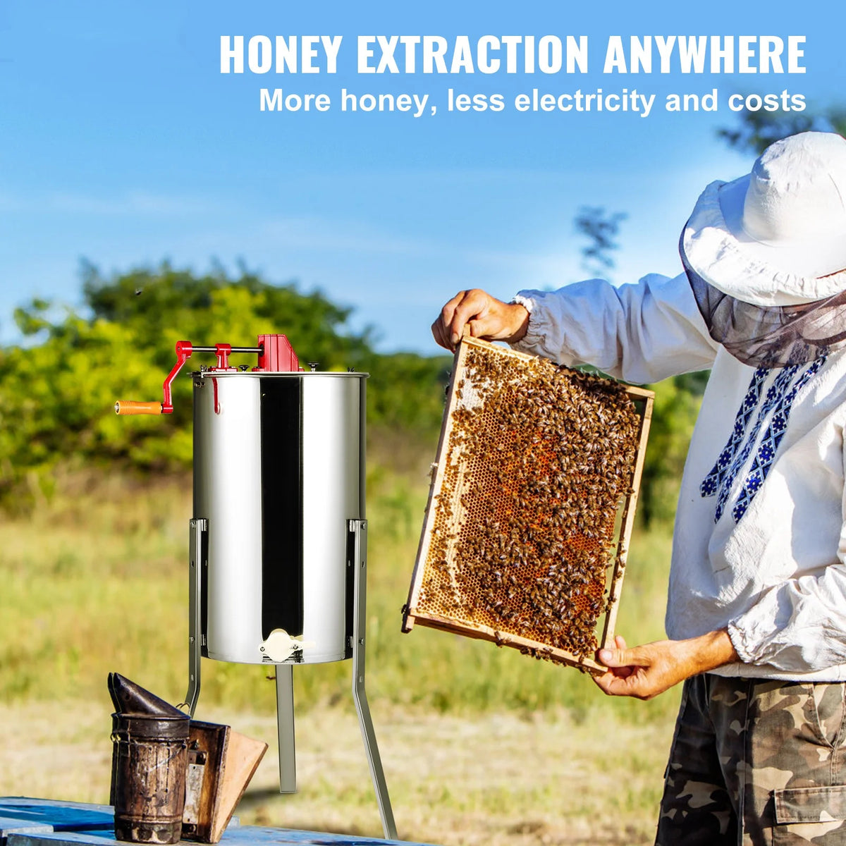 BENTISM Manual Honey Extractor, 2/4 Frames Beekeeping Equipment Stainless Steel with Height Adjustable Stand and Transparent Lid, Silver
