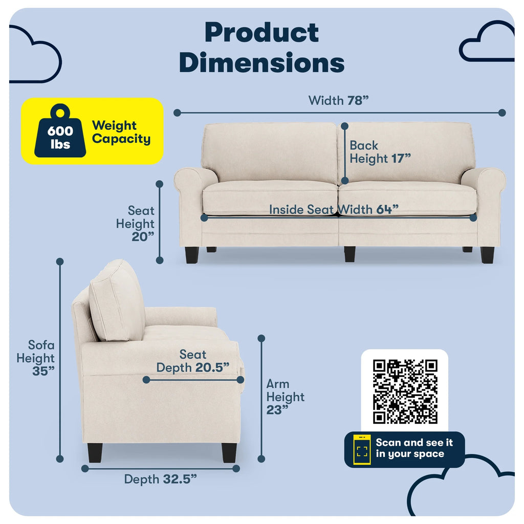 Serta Copenhagen 78" Rolled Arm Sofa with Removable Covers Dark Brown