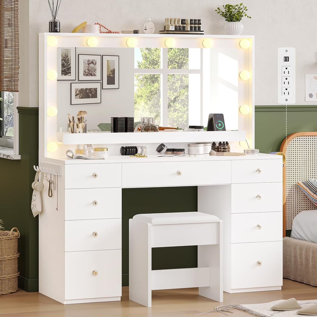 Aunfebrco White Vanity Desk Makeup Vanity Table with Mirror and Lights and Charging Station, Large Dressing Table with Storage Cabinet&6 Drawers&4 Storage Shelves for Bedroom