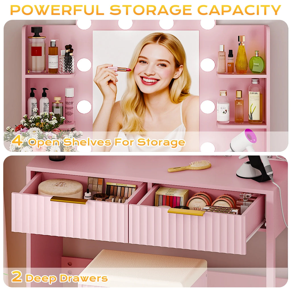 Ktaxon Lighted Makeup Vanity, White Vanity Table Set with 2 Drawer and Charging Station, Femal Gift