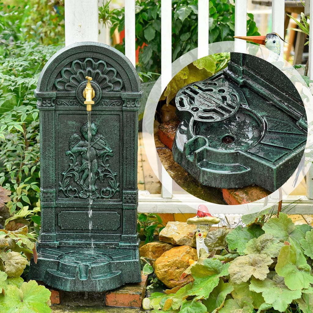 Sungmor Cast Iron Outdoor Water Column with Faucet, Freestanding Floor Farm Yard Decor, Green, 1 Count