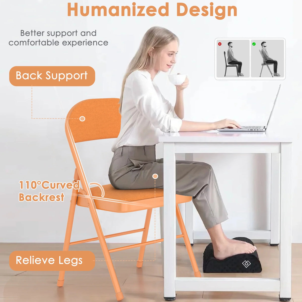 VECELO Set of 4 Folding Chairs, Fabric Dining Chair Set with Padded Cushion and Back, Indoor Outdoor Upholstered Seat with Metal Frame for Home Office Events Wedding Party, Orange