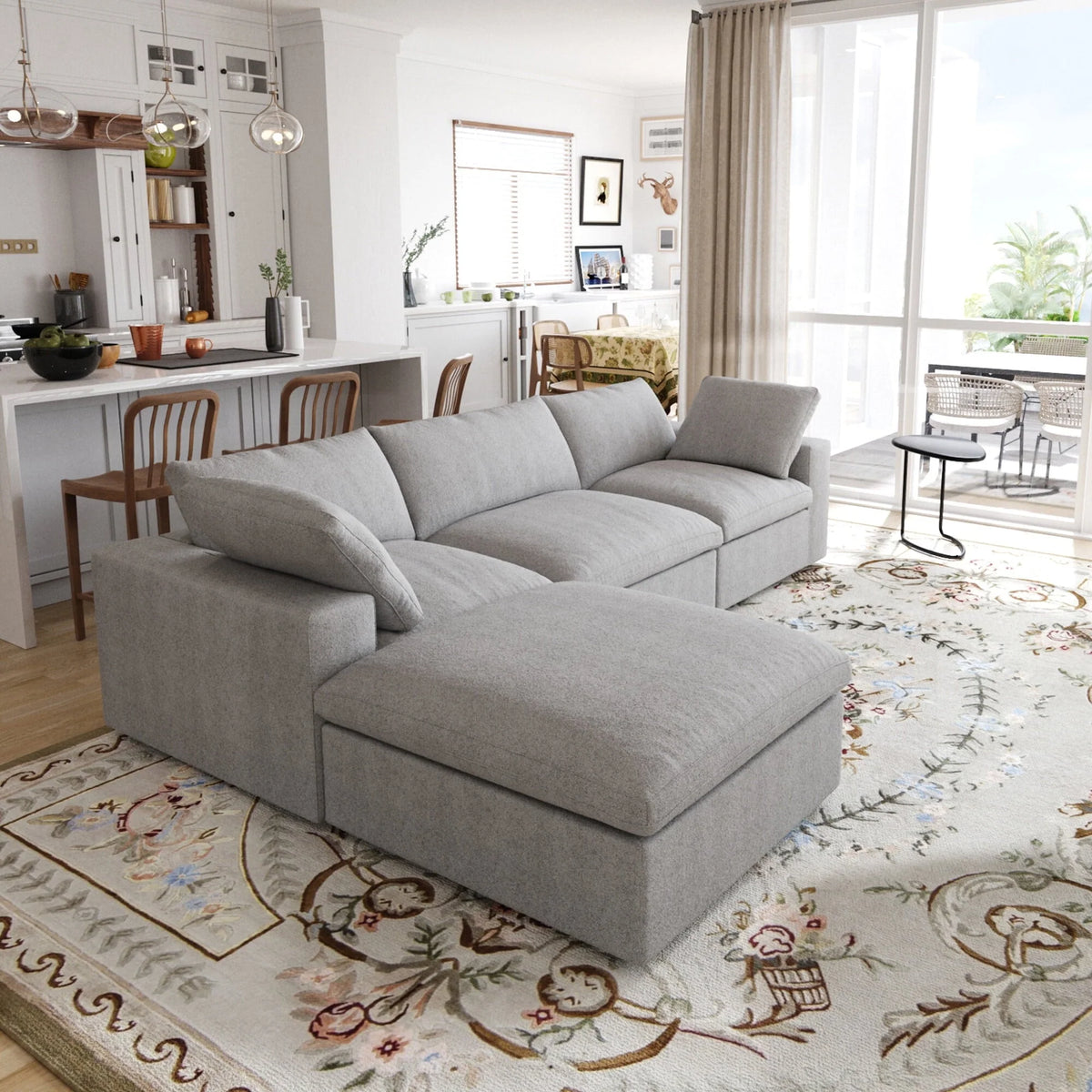 Magic Home Convertible Modular Sectional Sofa Couch,Modern Linen Fabric Sofa Free Combination Couch,L-Shaped Sofa 3-Seat Sofa with Ottoman for Living Room,Apartment and Small Space,Light Gray