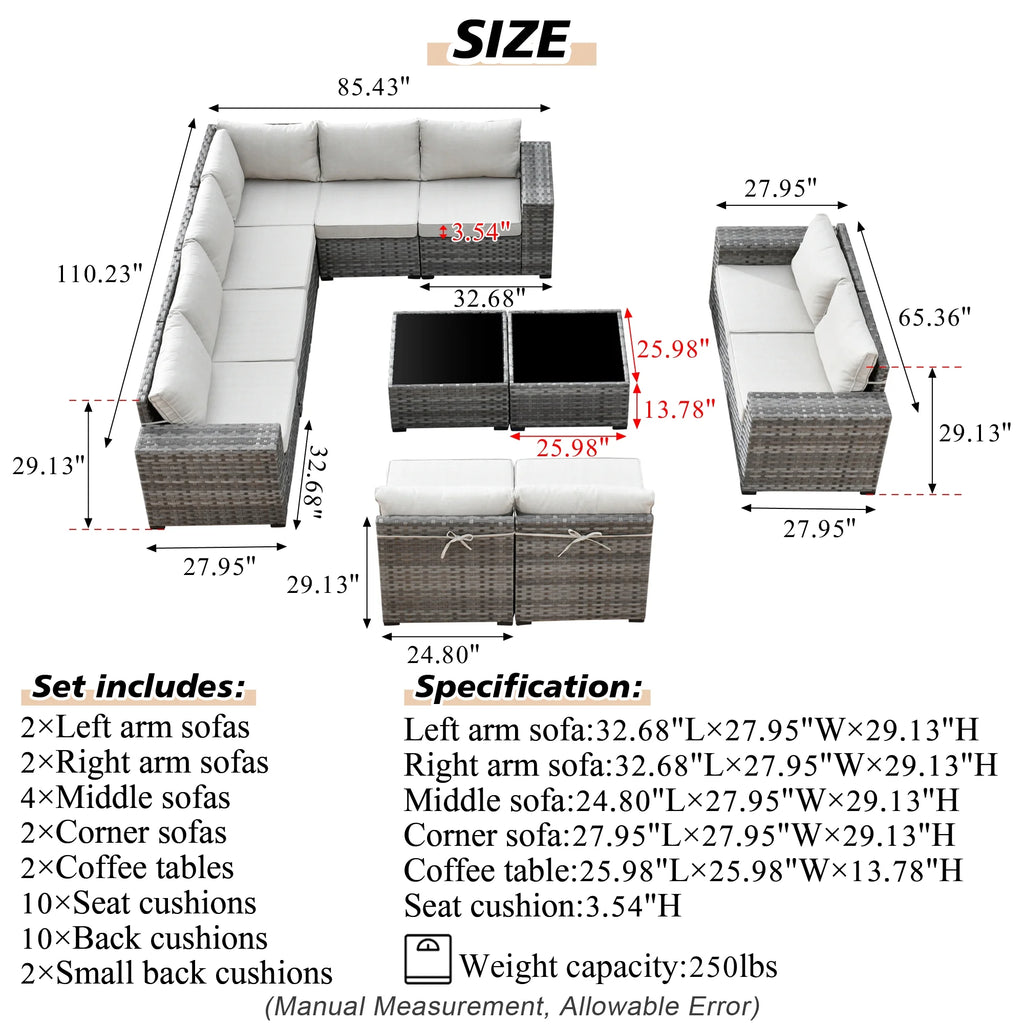 Ovios 12 Pieces Outdoor Furniture All Weather Wicker Patio Conversation Sectional Sofa Set with Side Table for Garden Backyard