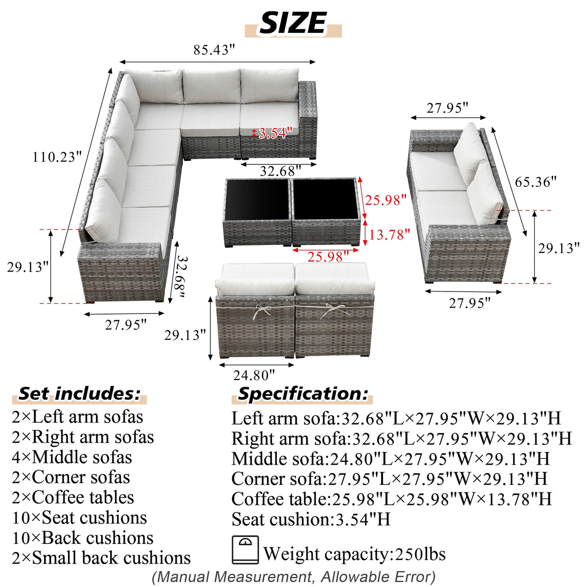 Ovios 12 Pieces Outdoor Furniture All Weather Wicker Patio Conversation Sectional Sofa Set with Side Table for Garden Backyard