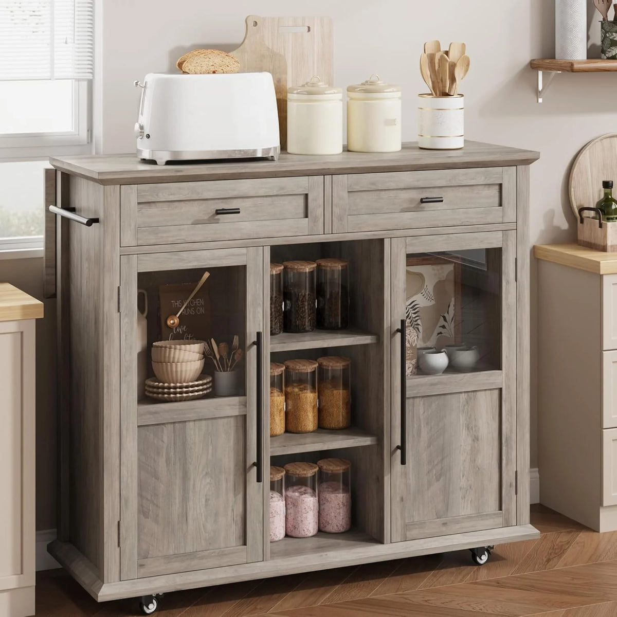 WALYWIK Foldable Kitchen Island Cart with Wheels, 2 Glass Doors, Spice Rack & Towel Holder �C Compact Mobile Storage Cart for Small Kitchens, Dining Rooms, Camping & RVs - Grey