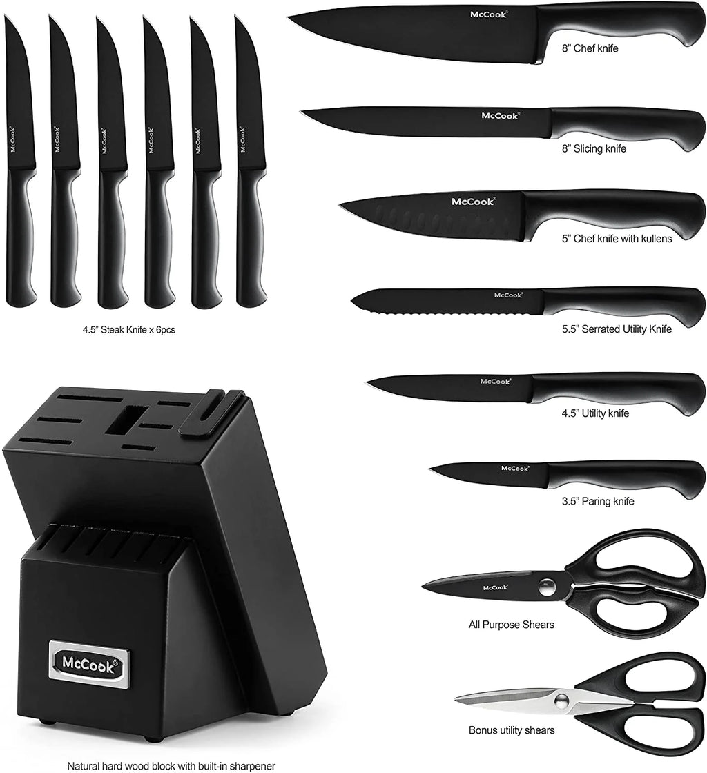 McCook MC29 Knife Sets, 15 Pieces German Stainless Steel Kitchen Knife Block Sets with Built-in Sharpener