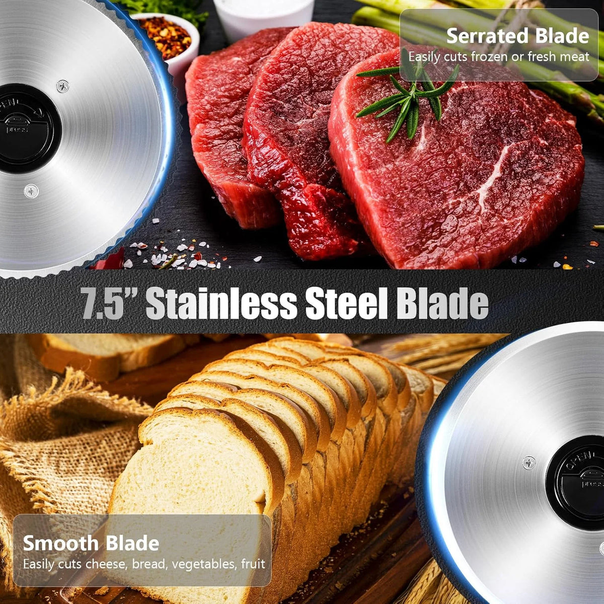 OSTBA Meat Slicer with Quiet DC Motor, 200W Electric Deli Slicer, Dual 7.5'' Stainless Steel Blades, 0-15mm Adjustable Thickness, Easy to Clean, Ideal for Meat, Cheese, Bread, and Vegetables