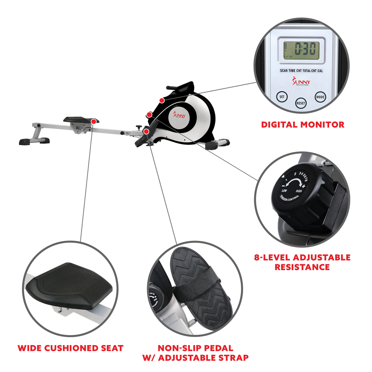Sunny Health & Fitness 53.4" Extended Slide Rail Magnetic Rowing Machine Rower with Free SunnyFit App Membership - SF-RW5515