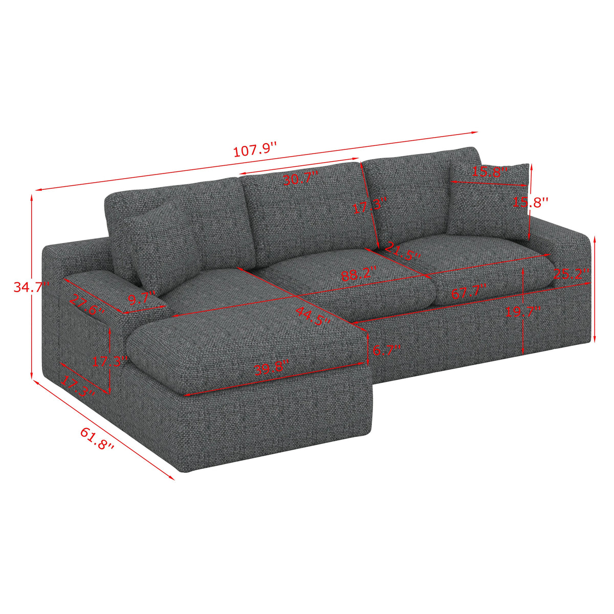BEBPILOO Modular Chenille 107.9" Sofa with Flexible Configuration, Double - Layer Cushions, Deep Seating & Side Storage Pockets, Full-compressed Sofa for Living Room, Gray