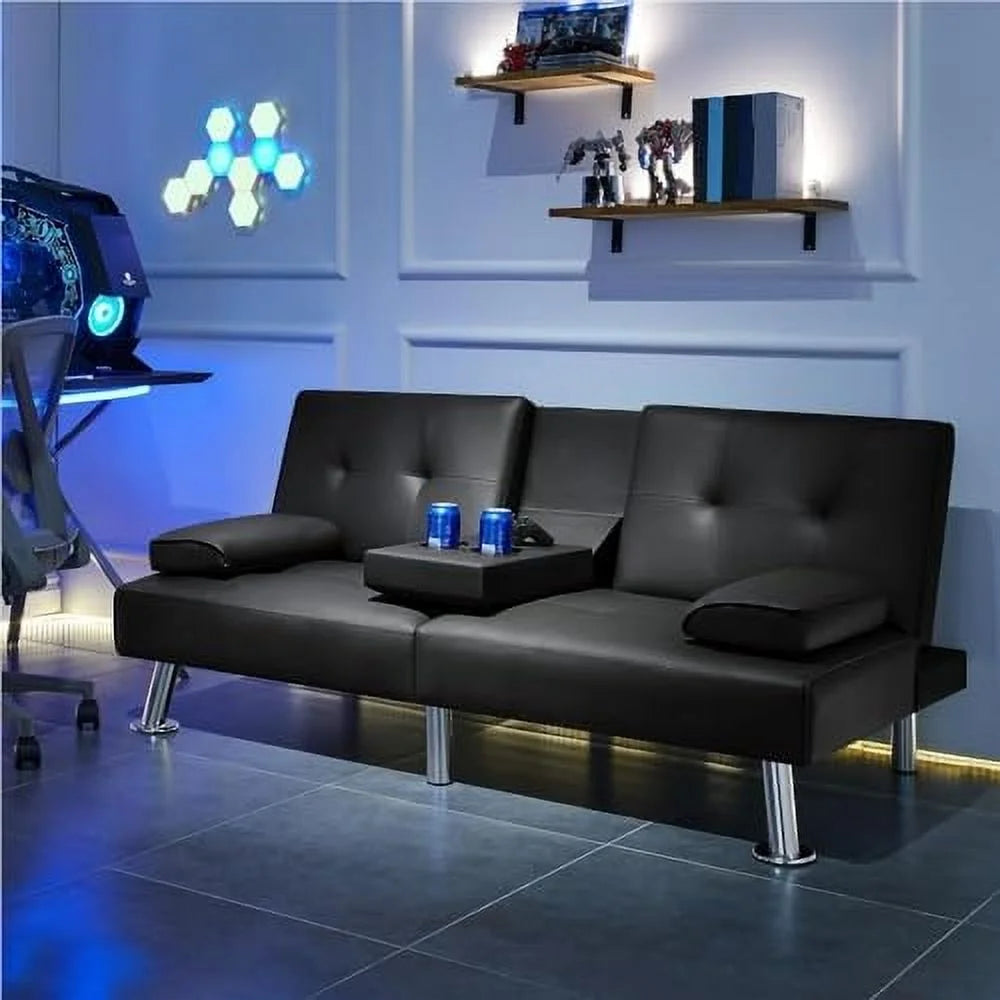 Convertible Folding Futon Sofa Bed Sleeper Couch for Living Room, Modern Faux Leather Upholstered Loveseat w/Removable Armrests, Metal Legs, 2 Cup Holders, Love Seat Sofa Bed for Small Spaces (Brown)