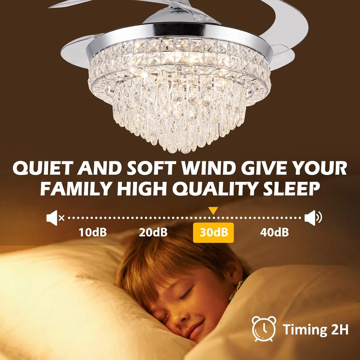 Datingday 42 Inch Crystal Ceiling Fan Golden Crystal Ceiling Fan Chandelier with Remote 6 Speeds 3 Colors Changes Lighting Fixture, 4 Blades Retractable Fans for Bedroom Living Room Dining Room