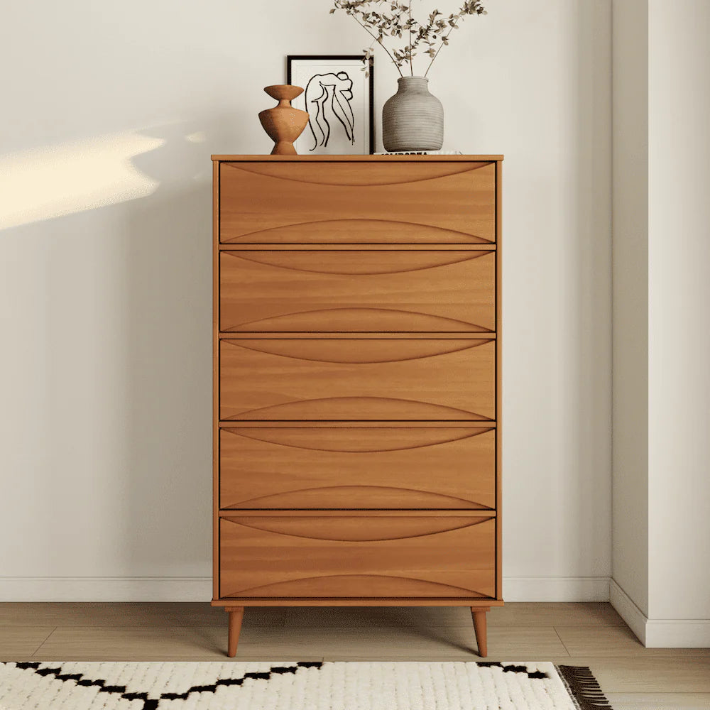 Walker Edison 30” Mid-Century Modern Curved Front 5-Drawer Dresser, Caramel