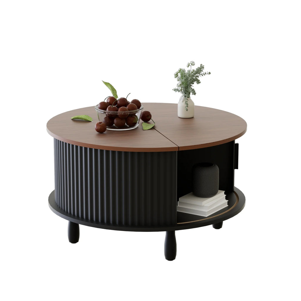 RUMLIVE Round Coffee Table with Storage, 30.7" Modern Coffee Table with 360�� Curved Sliding Door, Fluted Wood Coffee Table with Footpads, Round Center Table for Living Room, Black