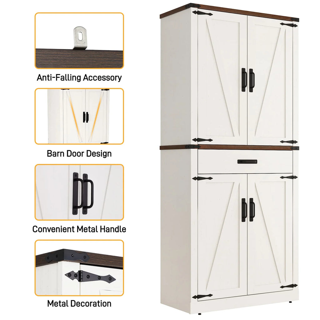 72" Tall Farmhouse Kitchen Pantry Cabinet w/1 Drawer & 4 Roomy Storage Shelves, Versatile Wood Storage Cabinet with 4 Barn Door & Adjustable Shelves &  for Dining Room Bathroom Utility Room
