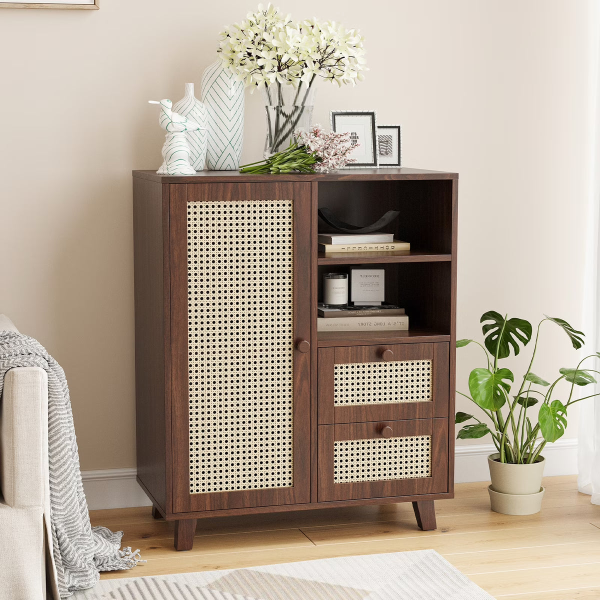 STARY Sideboard Buffet Cabinet, Accent Cabinet with Drawers and Adjustable Shelf for Kitchen, Living Room, Entryway, Nature