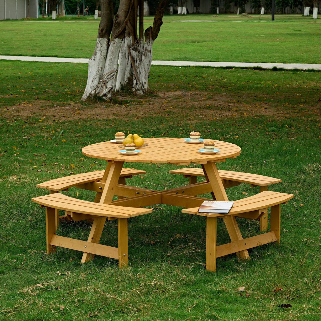 8 Person Wood Picnic Table, Outdoor Round Picnic Table with 4 Built-in Benches, Umbrella Hole, Outside Table and Bench Set for Patio, Backyard, 500lbs Capacity Per Bench