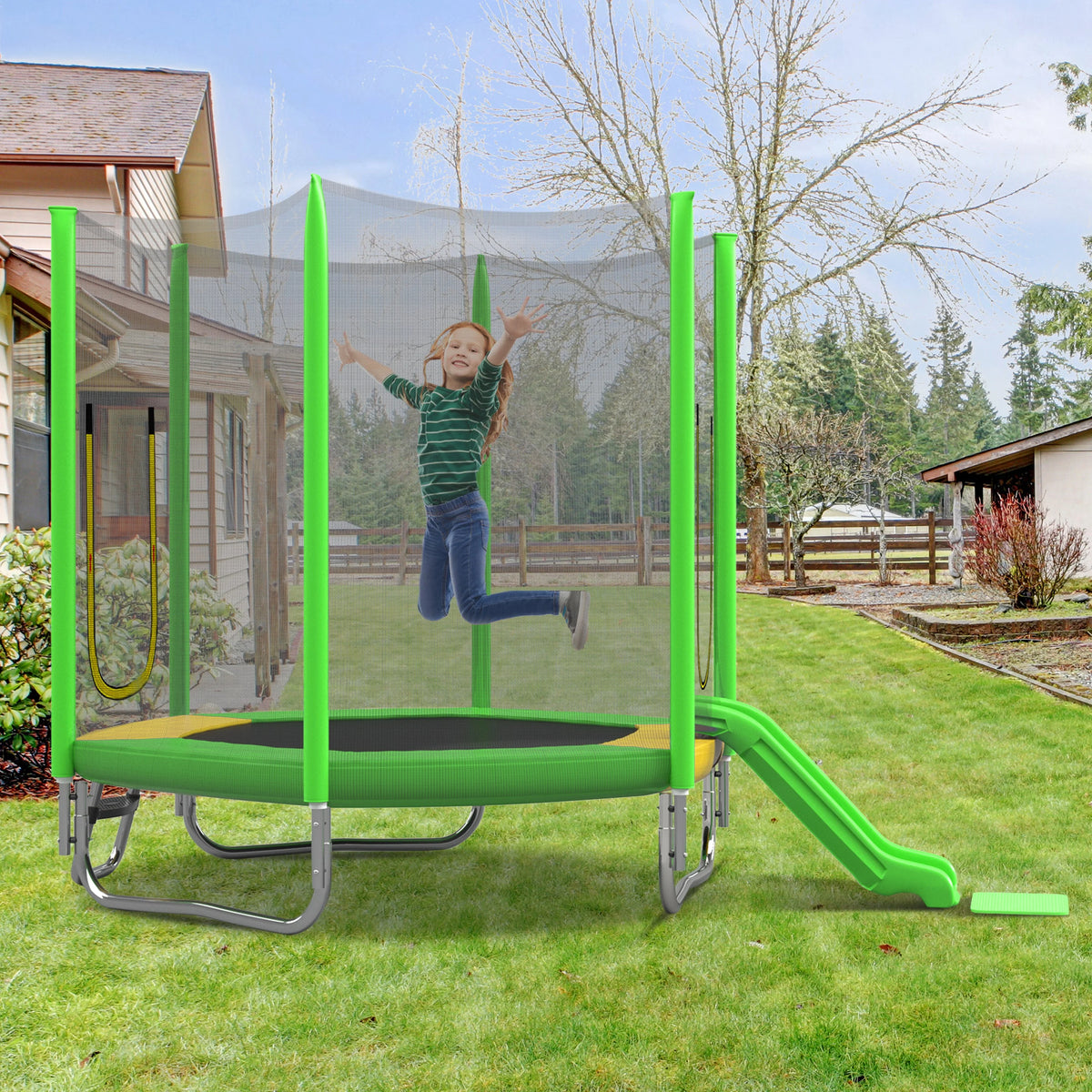 EUROCO  7FT Kids Trampoline with Safety Enclosure Net, Indoor Outdoor Trampoline with Slide,Ladder,Spring Pad,All-Weather Trampolines