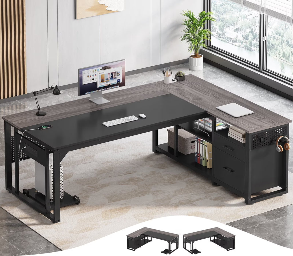 71" Executive Desk with Power Outlets, Modern L Shaped Office Desk with File Drawers and Pegboard, Large Computer Desk, Rustic Brown
