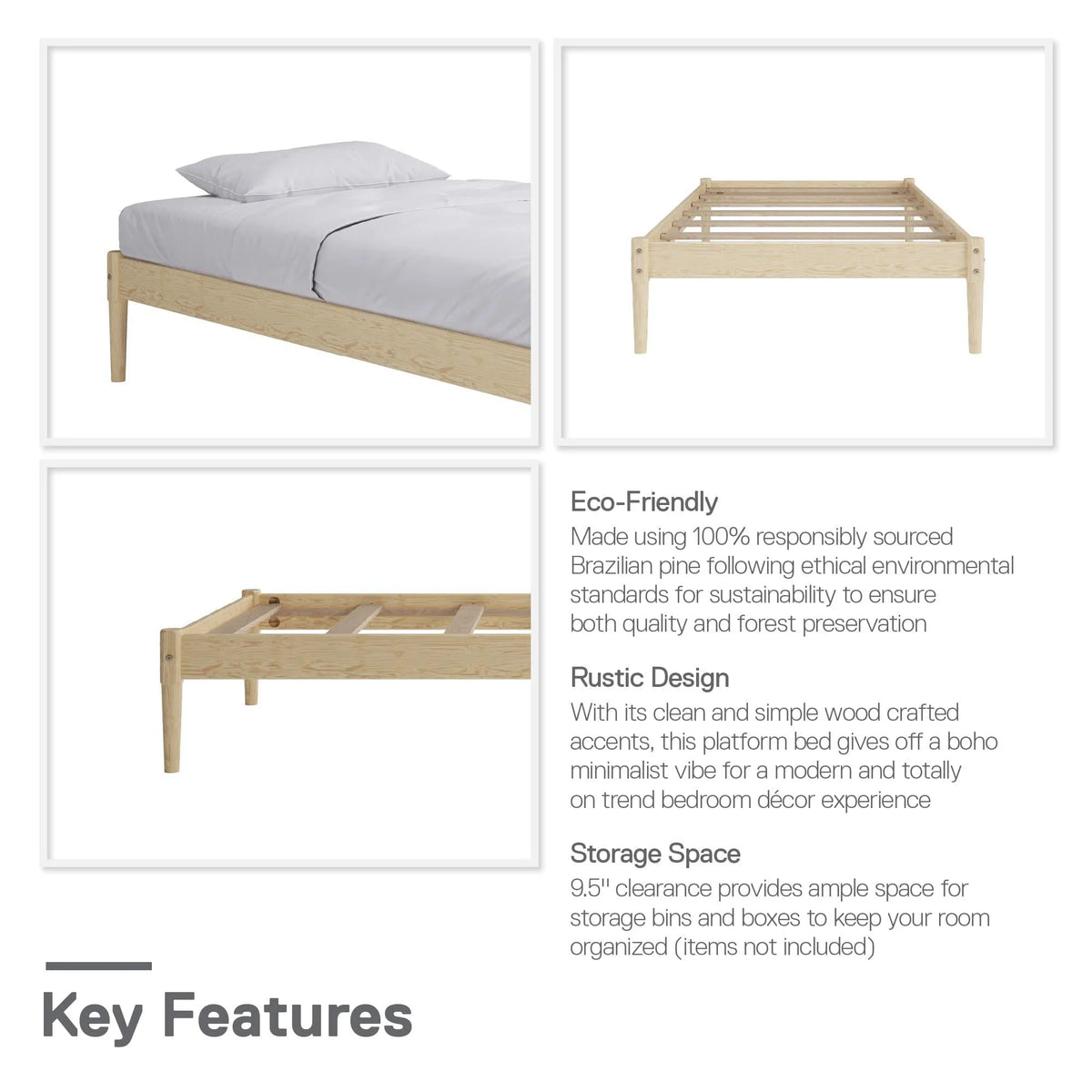 DHP Lorriana 14" Solid Pine Wood Platform Bed Frame, Twin Size, Natural