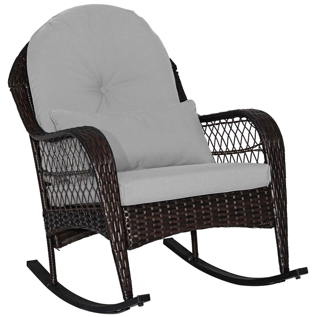Costway Patio Wicker Rocking Chair W/Seat Back Cushions & Lumbar Pillow Porch Off White